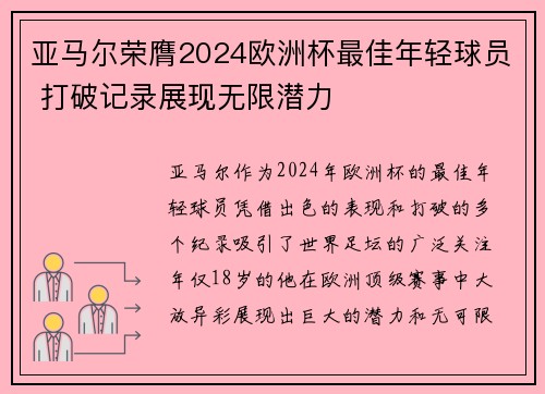 亚马尔荣膺2024欧洲杯最佳年轻球员 打破记录展现无限潜力